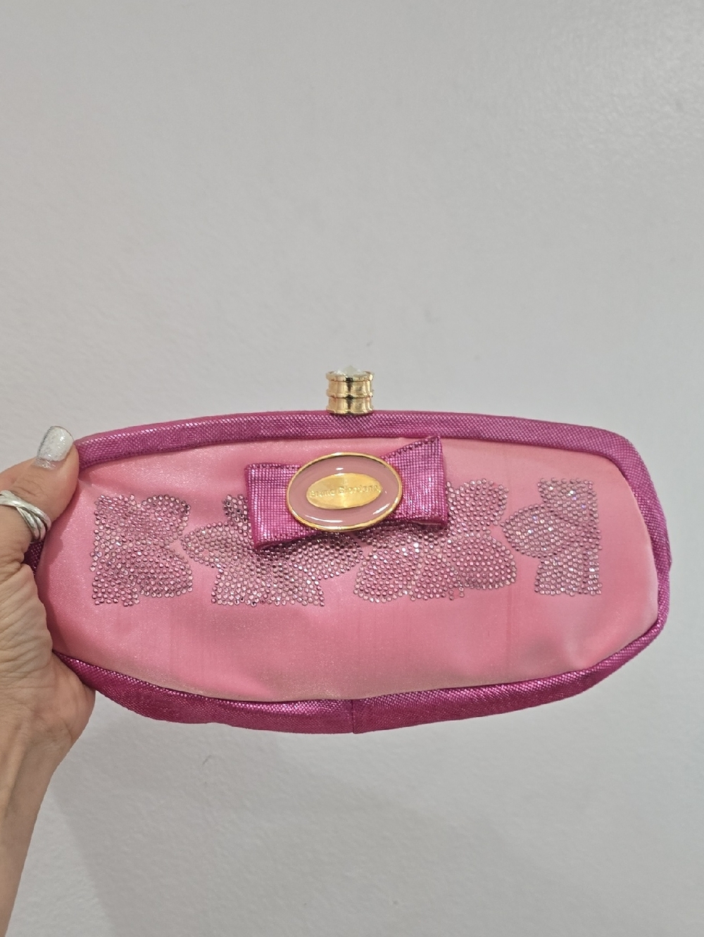 Pink Satin BRUNO GIORDANO Embellished Clutch with Bow Accent Vintage